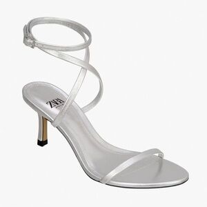 NEW Zara Silver Leather Strap Heeled Sandals